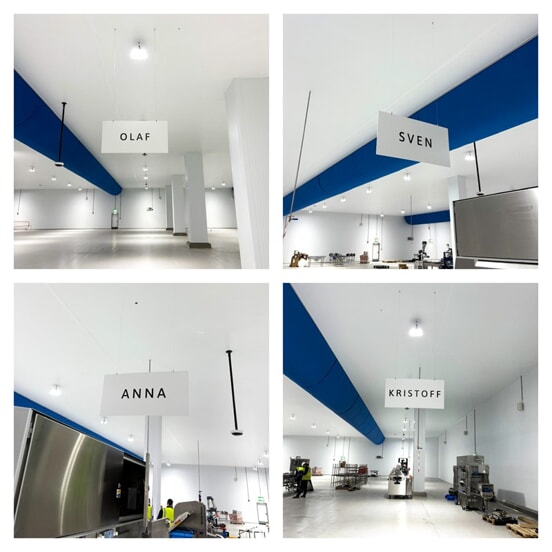 A collage of interior wayfinding signage for different rooms.